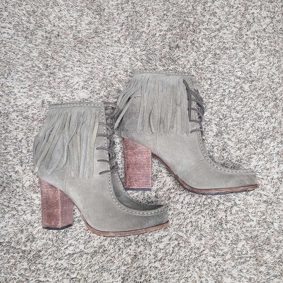 Frye Shoes - Frye Parker Suede Fringe Block Heel Bootie Gray Boot Size 9.5